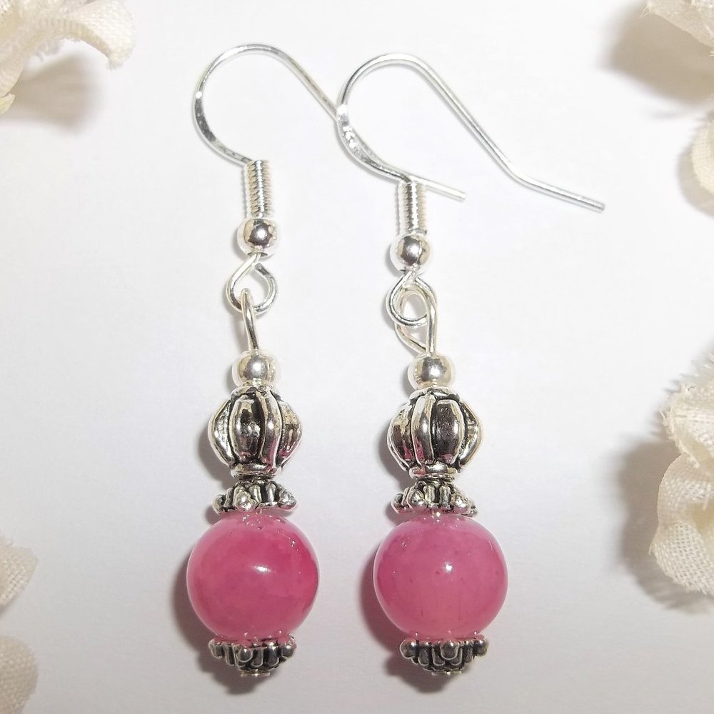 Small Pink & Silver Earrings Handmade Beaded Jewelry Set Pair Dangle Drop 6722